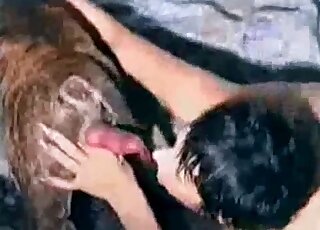 Awesome brunette with short hair gets sweaty while blowing a dog