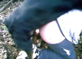 Black dog inserting a hard cock into a pale ass in an outdoor video