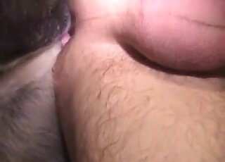 Appealing guy lets his dog eat his asshole as he strokes his dick