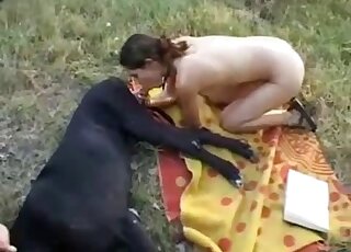 Skinny babe deepthroating black dog's dick during her picnic fuck