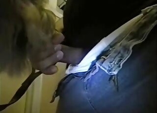 Sexy guy in jeans jerking his dick at the animal to get it horny