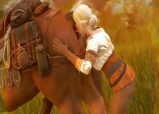 Dressed 3D blonde relaxes huge horse with sensual butt licking