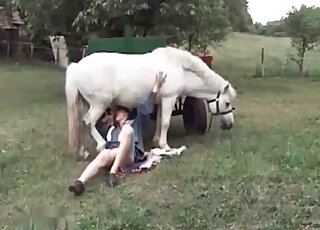 Agile brunette performs XXX zoo porn with a horse outdoors