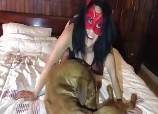 Chick in stockings tries to seduce a mixed-breed dog into zoo sex