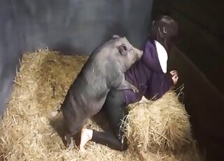 Chubby pig is impatient to bang the brunette doll in a barn