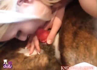 Cute teen blonde is stroking and sucking lazy dog's pecker