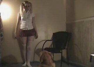 Pigtails blonde plays naughty sex games with Golden Retriever