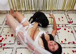 Brunette bride is caught on camera blowing pet doggy