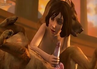Harsh dog sex in sloppy animation with a tight slut and two muts