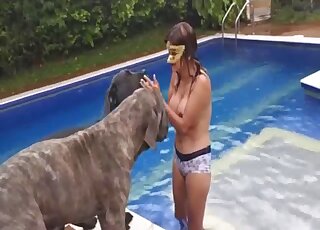 Busty wife craves sex with the dog after a sexy bath in the pool