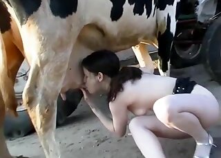 Nude amateur plays with the cow's utterus for perverted solo action