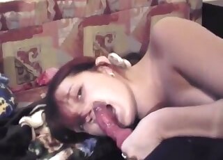 Amateur moans naked with a full dog cock in her shaved cunt
