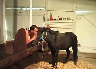 Zoophile plays with a dildo and seduces horse to fuck his tight ass