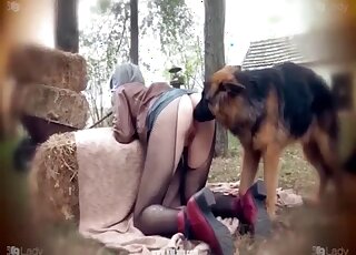 Nice sex scene showing a wet-pussied babe fucking a dog in hay