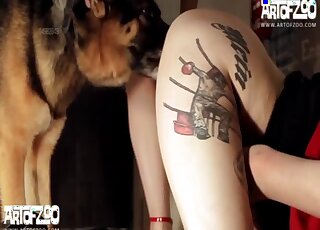 German shephard is licking and fucking a pussy of a masked tattooed girl