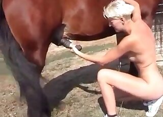 Outdoor blowjob scene showing a short-haired lady that wants cock