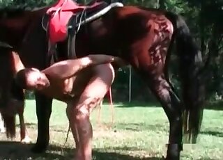 Grunting brunette bends over to let this horse fuck her tight twat
