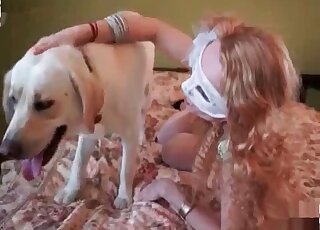 Blonde in white stockings enjoys every inch of cock of her dog in cunt
