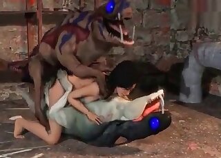 Anime zoo slut involved into a rough threesome action banged by beasts