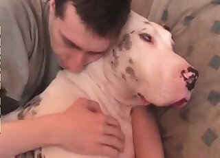 Animal sex addicted guy teases pussy of his female dog in all ways