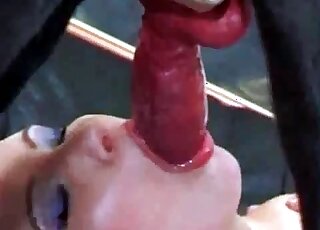 Chubby whore strokes her pussy while sucking red dick of a dog