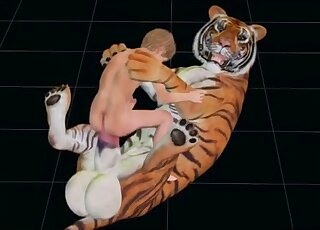 Animal 3D porn movie with a drawn tiger that mauls his asshole