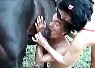 Filthy bitch slaps dude's face with an erected dick of a horse