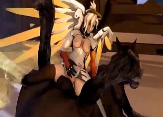 Busty girl Mercy from Overwatch is enjoying horse cock riding